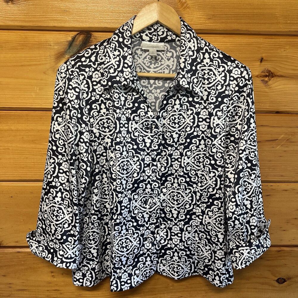 Dressbarn Stretchy Button Up Blouse XL Blue White Geometric Floral Mixed Print